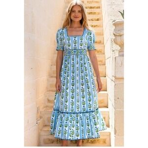 Pink City Prints Sky Lily Evelyn Dress is hand-block printed in vivid  floral M